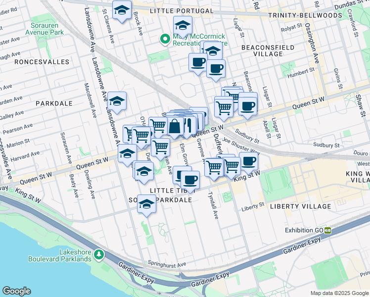 map of restaurants, bars, coffee shops, grocery stores, and more near 67 Elm Grove Avenue in Toronto