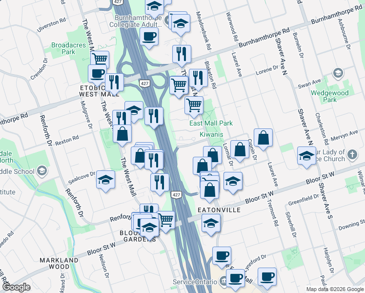 map of restaurants, bars, coffee shops, grocery stores, and more near 5 Valhalla Inn Road in Toronto