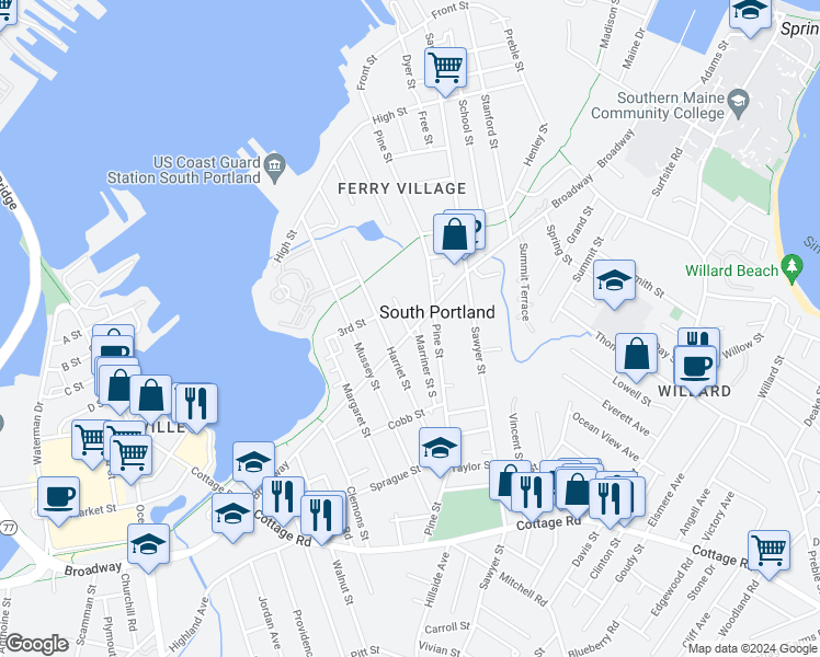 map of restaurants, bars, coffee shops, grocery stores, and more near 245 Broadway in South Portland