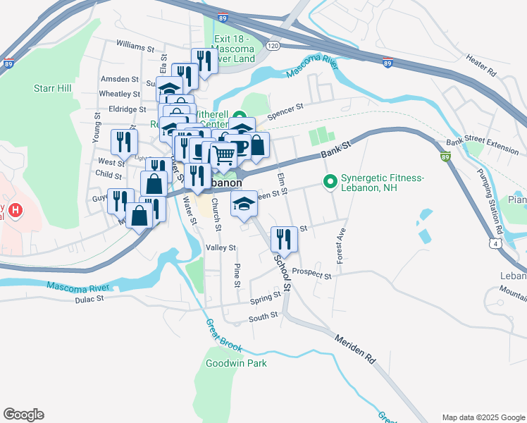 map of restaurants, bars, coffee shops, grocery stores, and more near 21 School Street in Lebanon