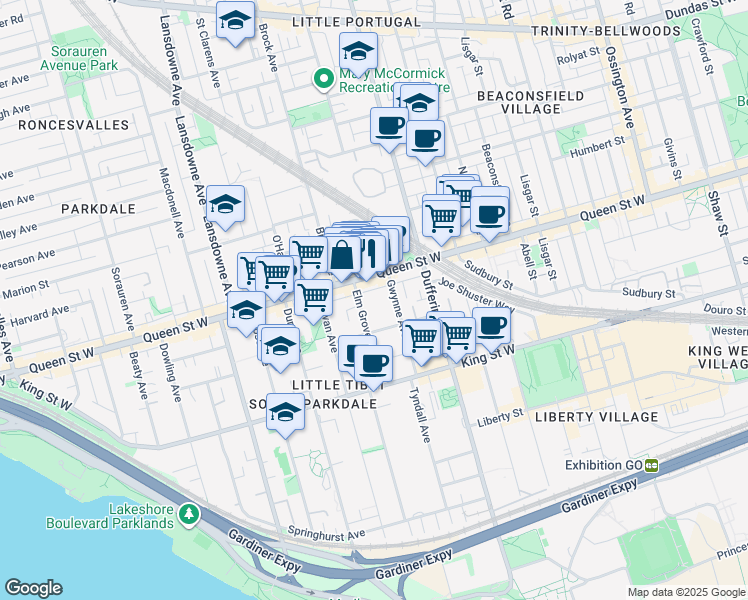 map of restaurants, bars, coffee shops, grocery stores, and more near 61 Elm Grove Avenue in Toronto