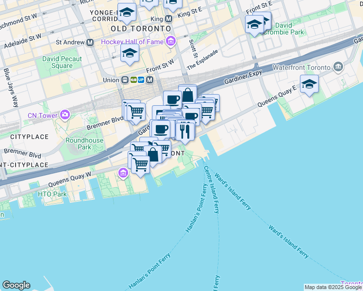map of restaurants, bars, coffee shops, grocery stores, and more near 33 Harbour Square in Toronto