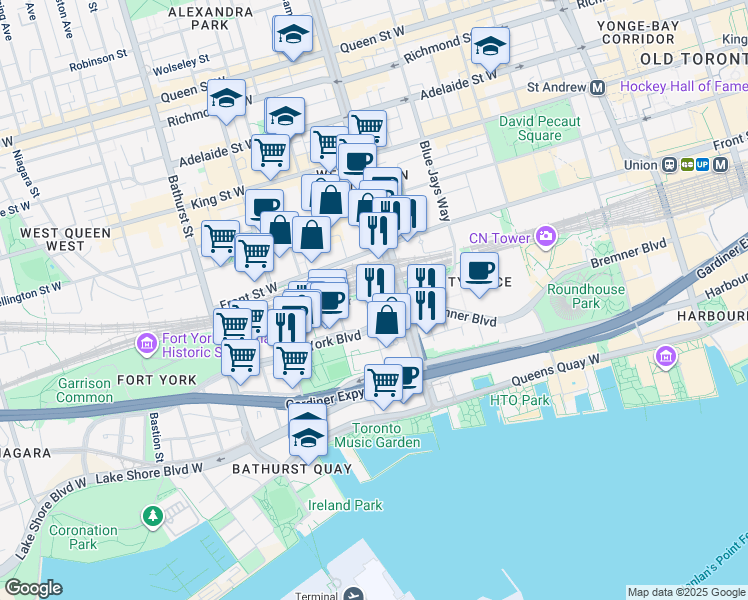 map of restaurants, bars, coffee shops, grocery stores, and more near 25 Telegram Mews in Toronto