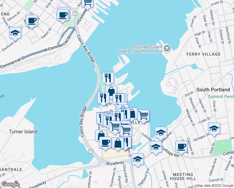 map of restaurants, bars, coffee shops, grocery stores, and more near 2 A Street in South Portland