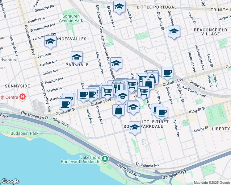 map of restaurants, bars, coffee shops, grocery stores, and more near 10 Lansdowne Avenue in Toronto
