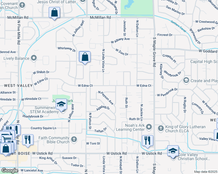 map of restaurants, bars, coffee shops, grocery stores, and more near 9513 West Edna Street in Boise