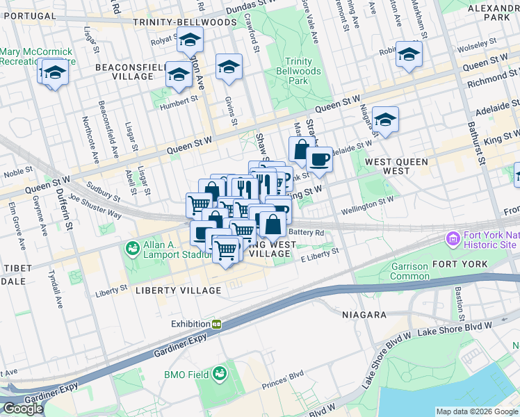 map of restaurants, bars, coffee shops, grocery stores, and more near 1029 King Street West in Toronto