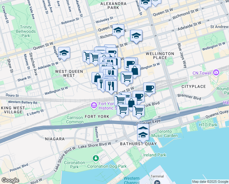 map of restaurants, bars, coffee shops, grocery stores, and more near 27 Bathurst Street in Toronto