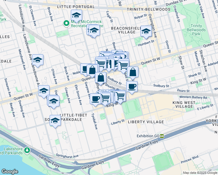 map of restaurants, bars, coffee shops, grocery stores, and more near 25 Laidlaw Street in Toronto