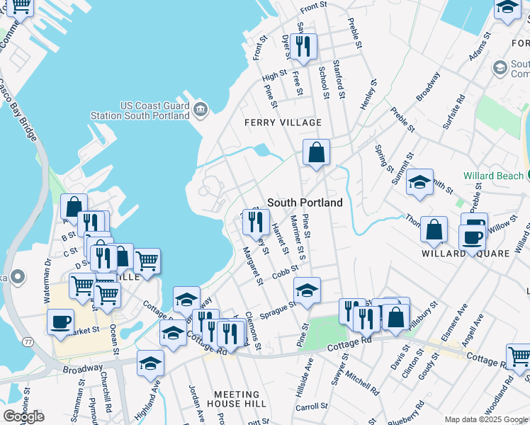 map of restaurants, bars, coffee shops, grocery stores, and more near 123 Harriet Street in South Portland