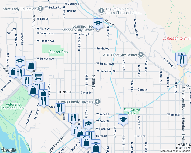 map of restaurants, bars, coffee shops, grocery stores, and more near 2306 North 28th Street in Boise