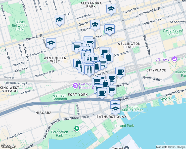 map of restaurants, bars, coffee shops, grocery stores, and more near 576 Front Street West in Toronto