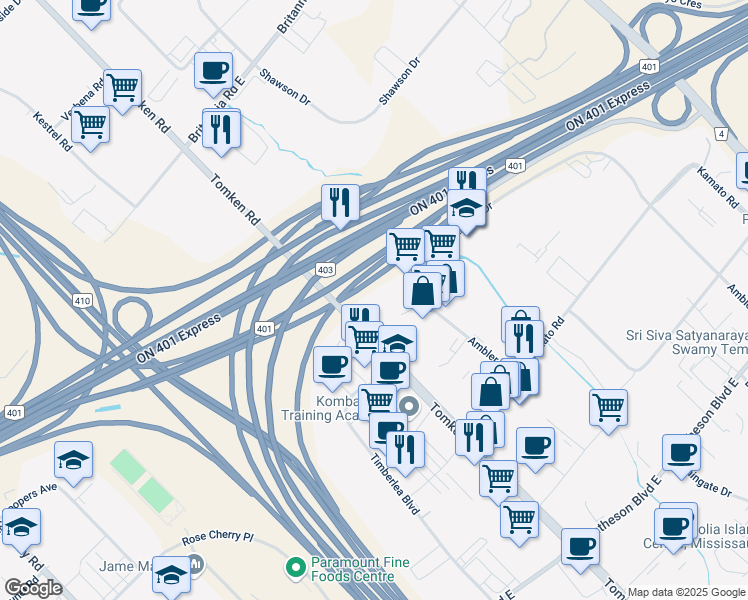 map of restaurants, bars, coffee shops, grocery stores, and more near 1035 Ronsa Court in Mississauga