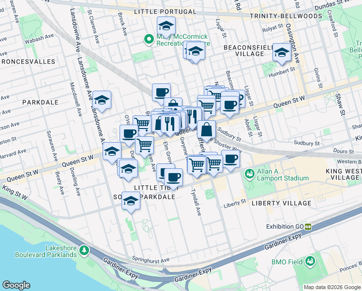 map of restaurants, bars, coffee shops, grocery stores, and more near in Toronto