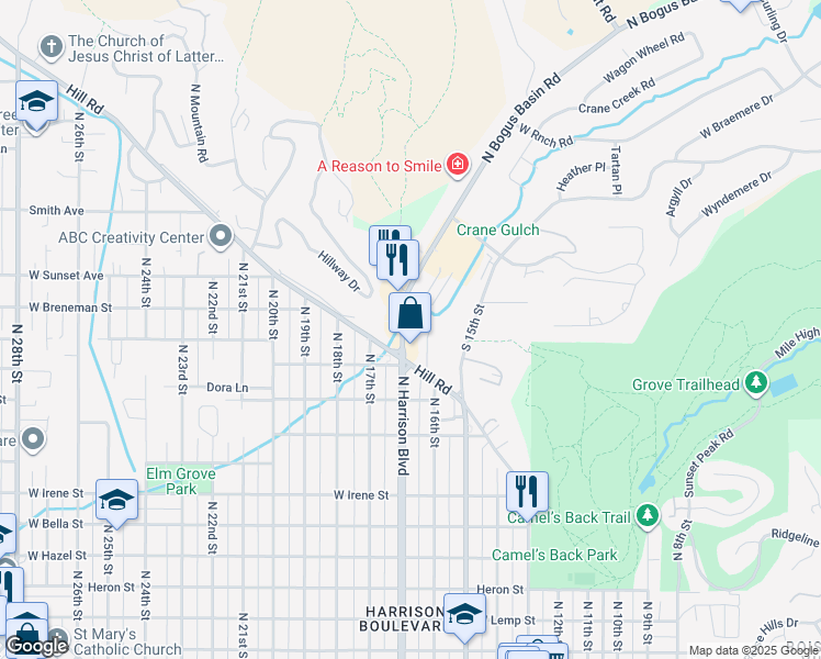map of restaurants, bars, coffee shops, grocery stores, and more near 2340 North Bogus Basin Road in Boise