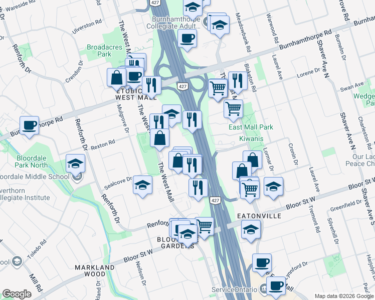 map of restaurants, bars, coffee shops, grocery stores, and more near 10 Eva Road in Toronto