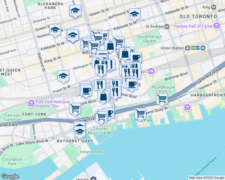 map of restaurants, bars, coffee shops, grocery stores, and more near 3 Concord Cityplace Way in Toronto