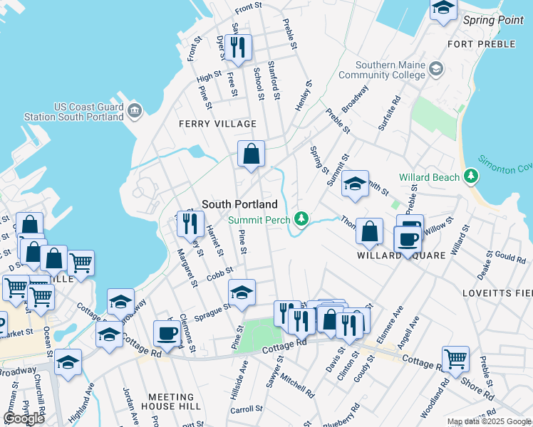 map of restaurants, bars, coffee shops, grocery stores, and more near 304 Sawyer Street in South Portland