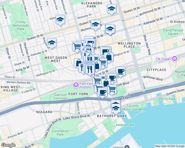 map of restaurants, bars, coffee shops, grocery stores, and more near 27 Bathurst Street in Toronto