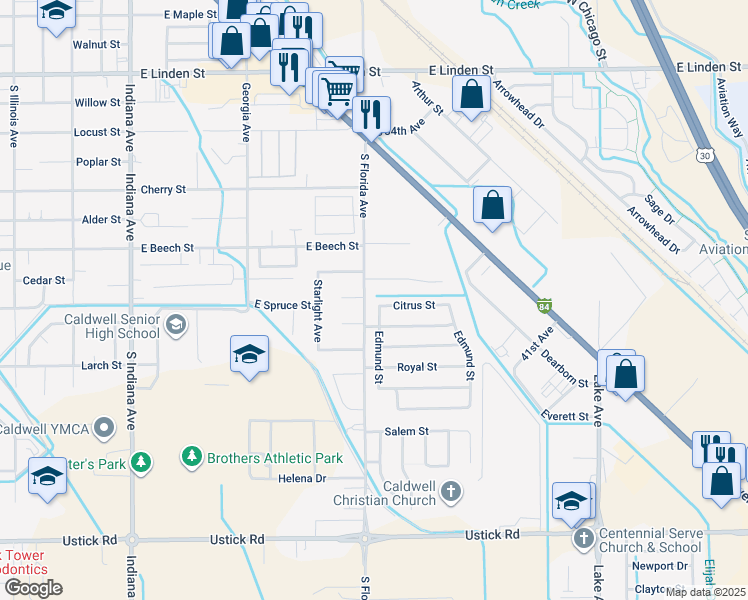 map of restaurants, bars, coffee shops, grocery stores, and more near 2907 Citrus Street in Caldwell