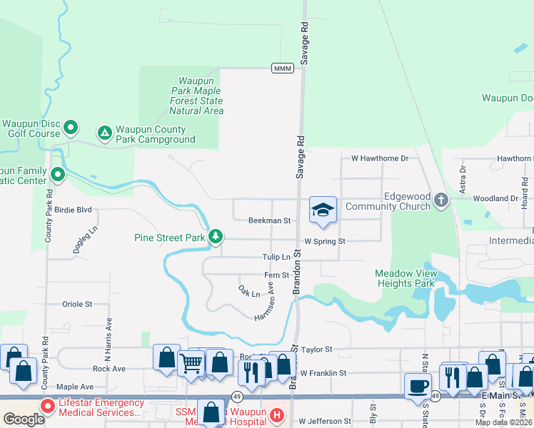 map of restaurants, bars, coffee shops, grocery stores, and more near 612 Beekman Street in Waupun