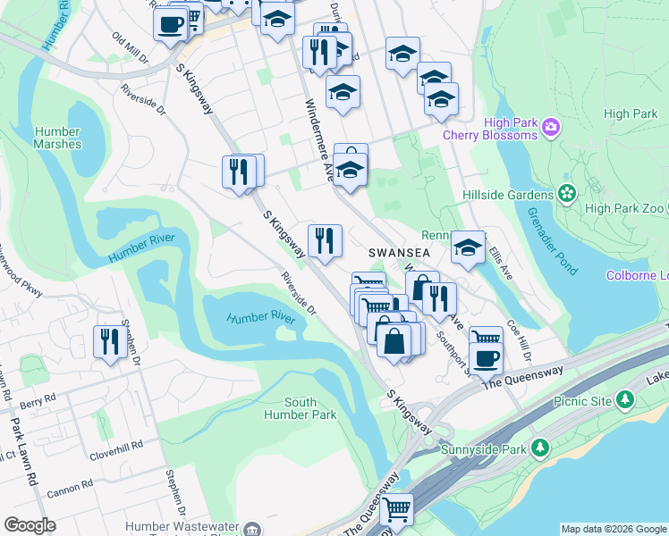 map of restaurants, bars, coffee shops, grocery stores, and more near 1 Worthington Crescent in Toronto