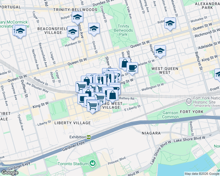 map of restaurants, bars, coffee shops, grocery stores, and more near 1029 King Street West in Toronto