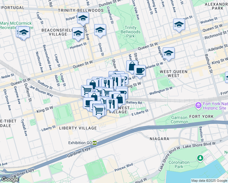 map of restaurants, bars, coffee shops, grocery stores, and more near 1029 King Street West in Toronto