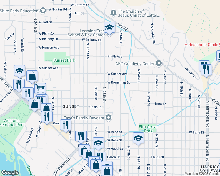 map of restaurants, bars, coffee shops, grocery stores, and more near 2306 North 28th Street in Boise