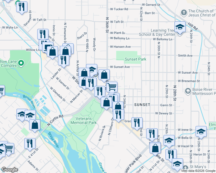 map of restaurants, bars, coffee shops, grocery stores, and more near 2313 36th Street in Boise