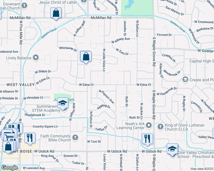 map of restaurants, bars, coffee shops, grocery stores, and more near 9513 West Edna Street in Boise