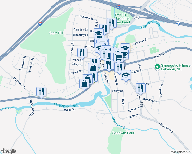 map of restaurants, bars, coffee shops, grocery stores, and more near 25 Mechanic Street in Lebanon