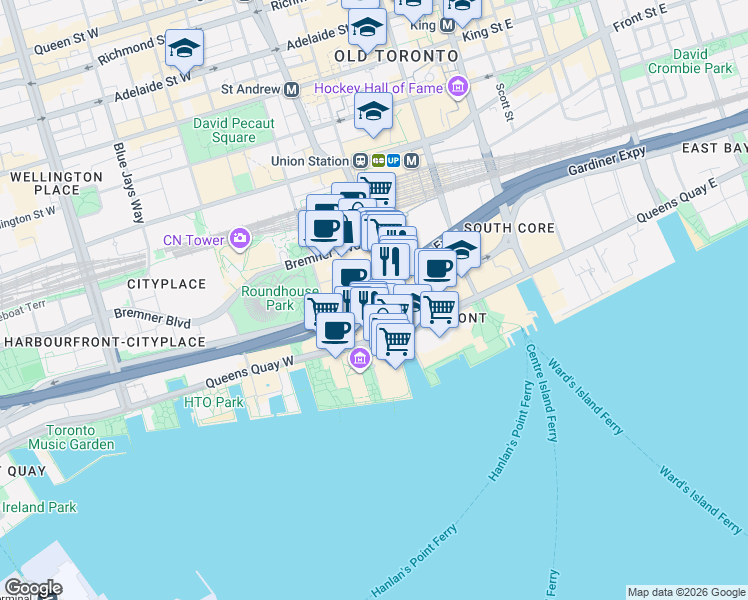 map of restaurants, bars, coffee shops, grocery stores, and more near 10 York Street in Toronto
