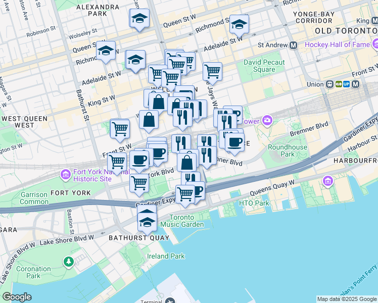 map of restaurants, bars, coffee shops, grocery stores, and more near in Toronto
