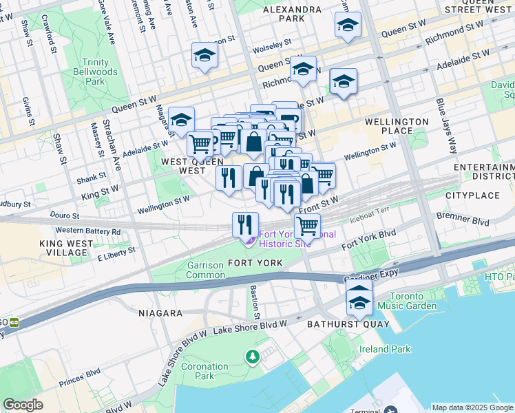 map of restaurants, bars, coffee shops, grocery stores, and more near in Toronto