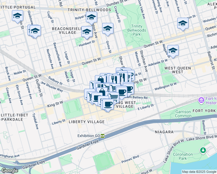 map of restaurants, bars, coffee shops, grocery stores, and more near in Toronto