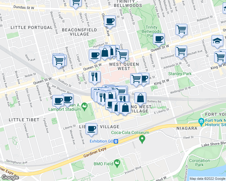 map of restaurants, bars, coffee shops, grocery stores, and more near 5 Sudbury Street in Toronto