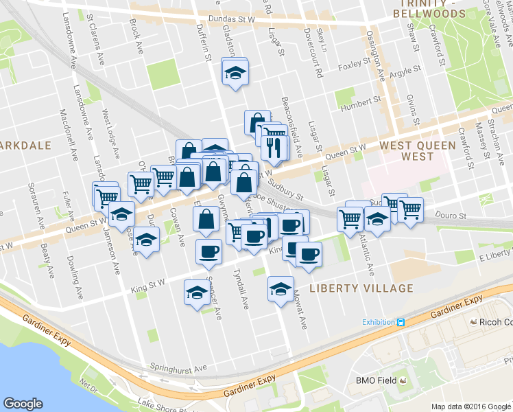 map of restaurants, bars, coffee shops, grocery stores, and more near 315-345 Dufferin Street in Toronto