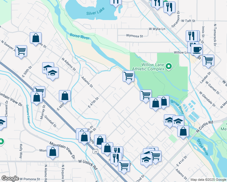 map of restaurants, bars, coffee shops, grocery stores, and more near 413 East 47th Street in Boise