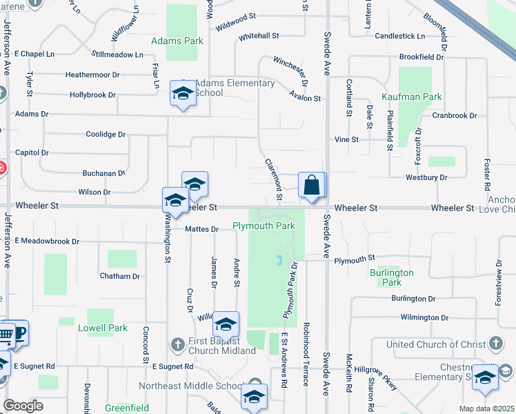 map of restaurants, bars, coffee shops, grocery stores, and more near 1305 East Wheeler Street in Midland Township