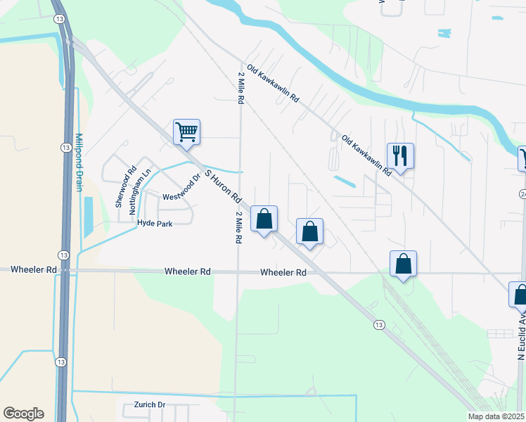 map of restaurants, bars, coffee shops, grocery stores, and more near 3403 South Huron Road in Bay City