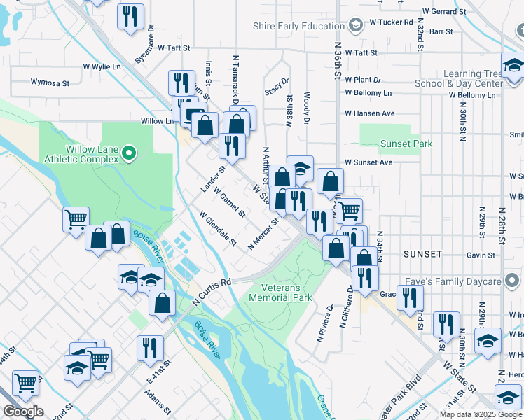 map of restaurants, bars, coffee shops, grocery stores, and more near 1109 North Arthur Street in Boise