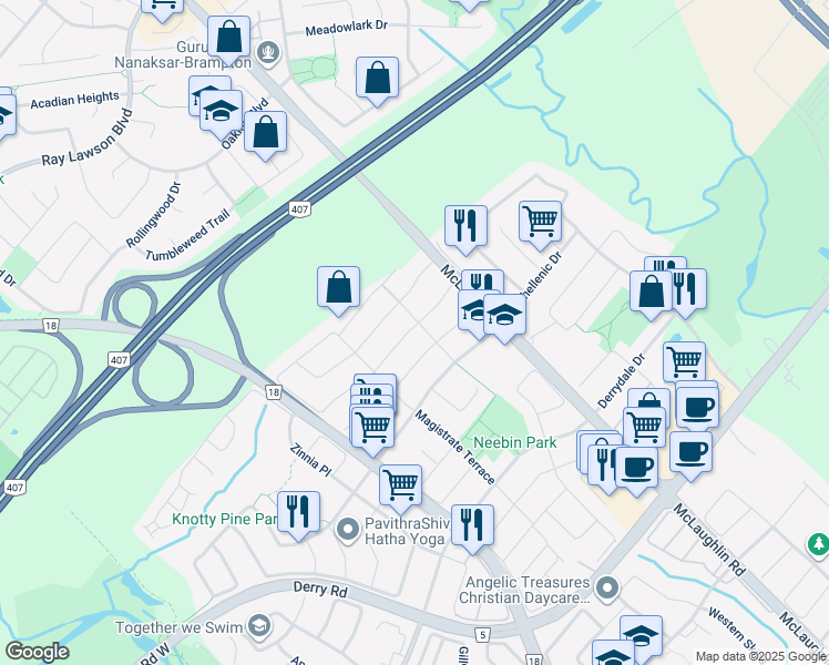 map of restaurants, bars, coffee shops, grocery stores, and more near 574 Matisse Place in Mississauga