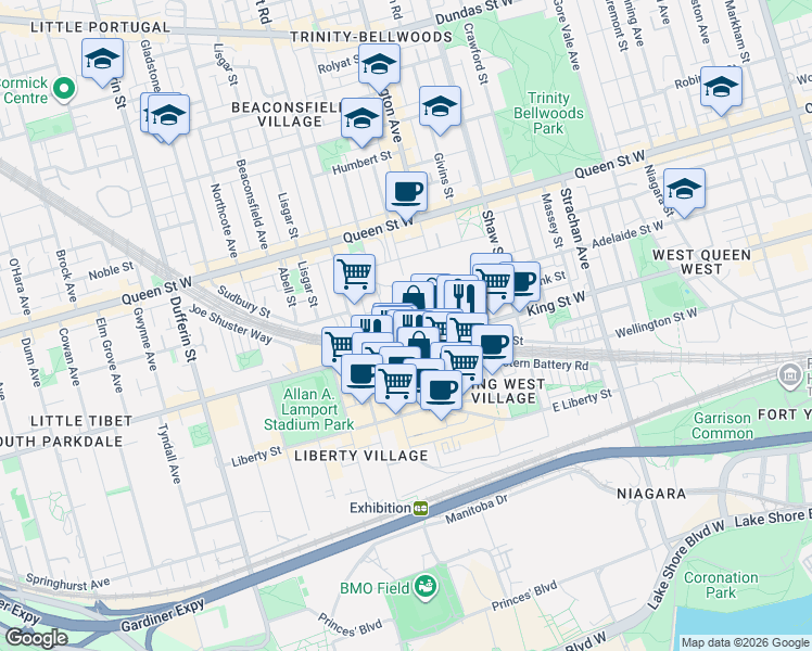 map of restaurants, bars, coffee shops, grocery stores, and more near in Toronto