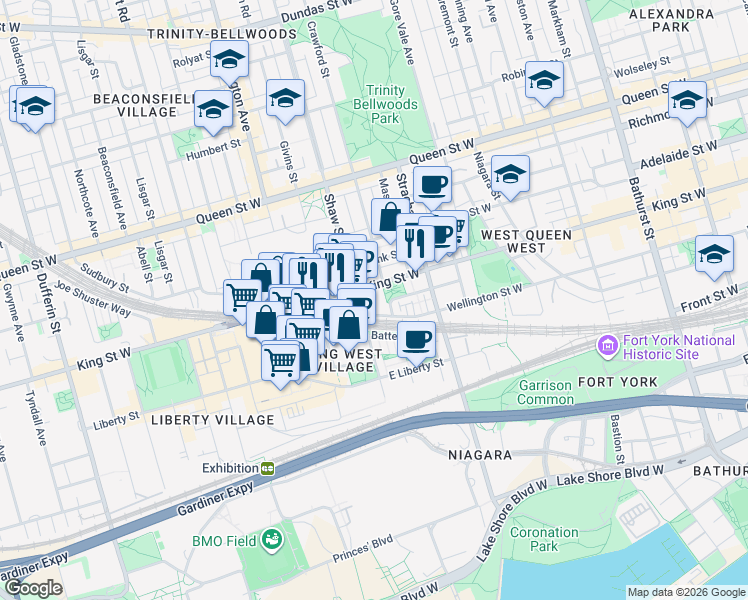 map of restaurants, bars, coffee shops, grocery stores, and more near 1 Shaw Street in Toronto