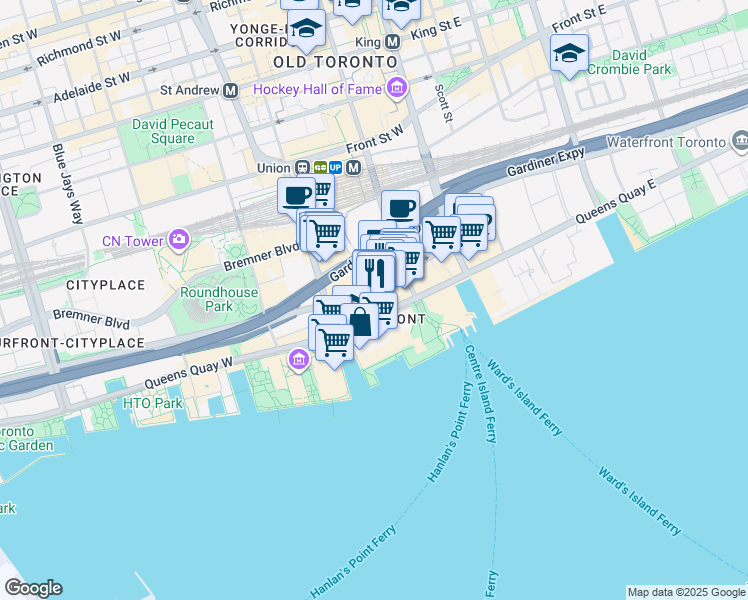 map of restaurants, bars, coffee shops, grocery stores, and more near 88 Queens Quay West in Toronto