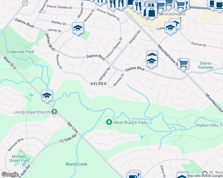 map of restaurants, bars, coffee shops, grocery stores, and more near 33 Heslop Court in Halton Hills