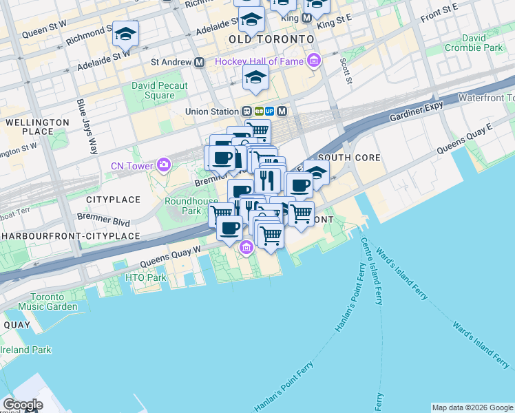 map of restaurants, bars, coffee shops, grocery stores, and more near 10 York Street in Toronto