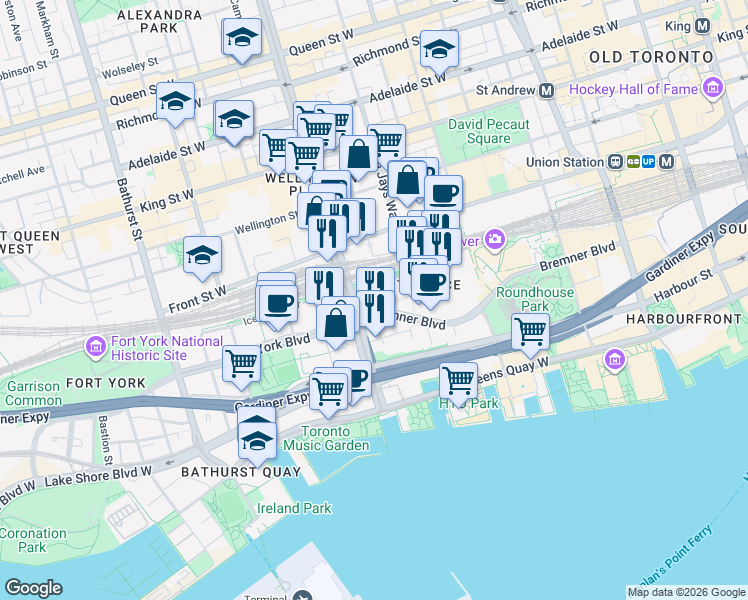 map of restaurants, bars, coffee shops, grocery stores, and more near 1 Concord Cityplace Way in Toronto
