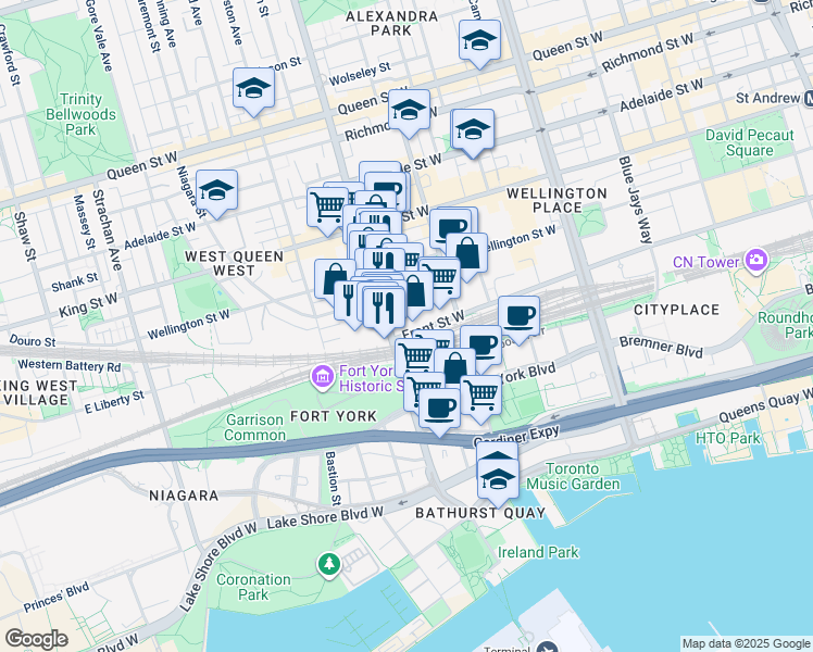 map of restaurants, bars, coffee shops, grocery stores, and more near 580 Front Street West in Toronto